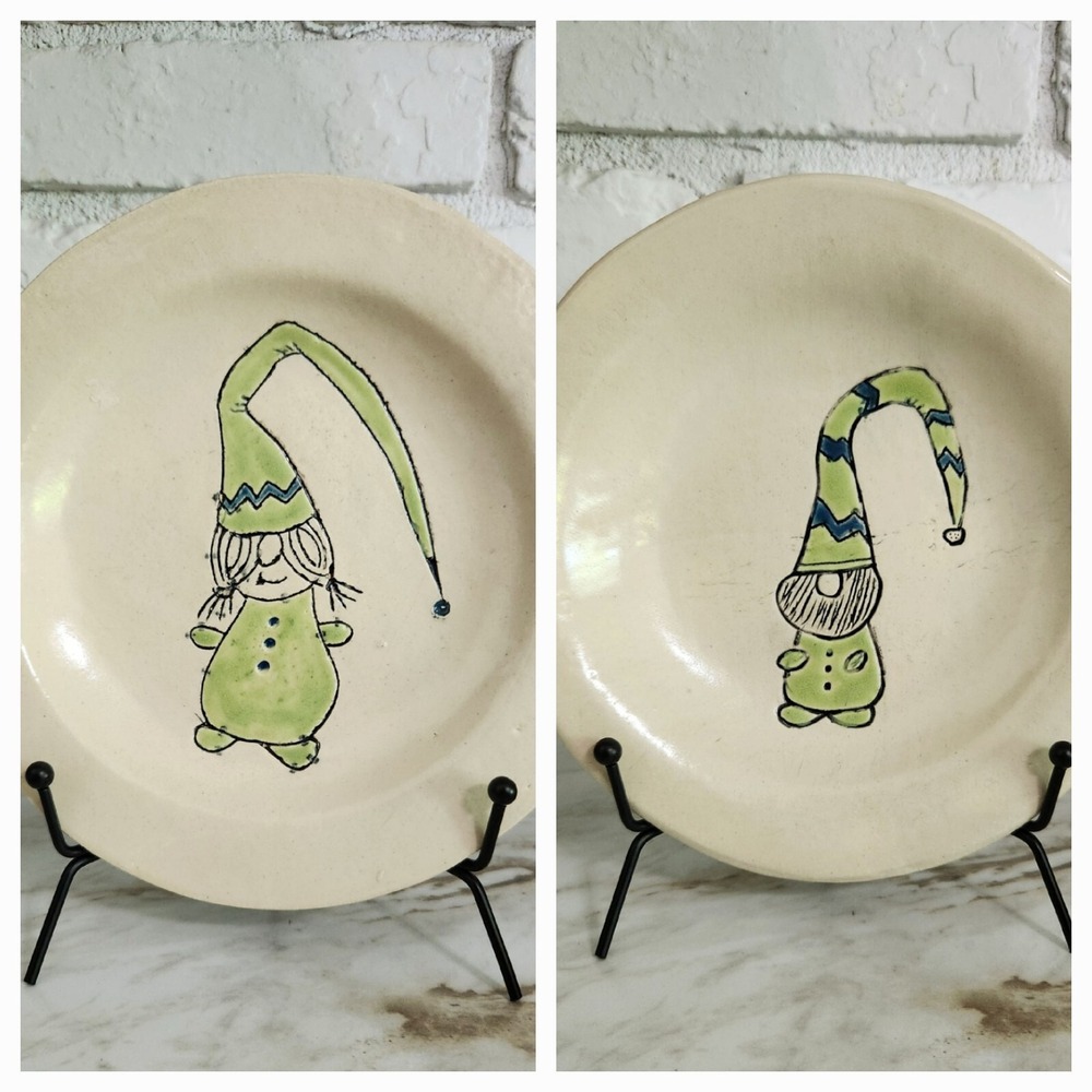 Vintage Handcrafted Christmas Gnome Pottery Snack Plates ~ Set of 2 ~ Adorable